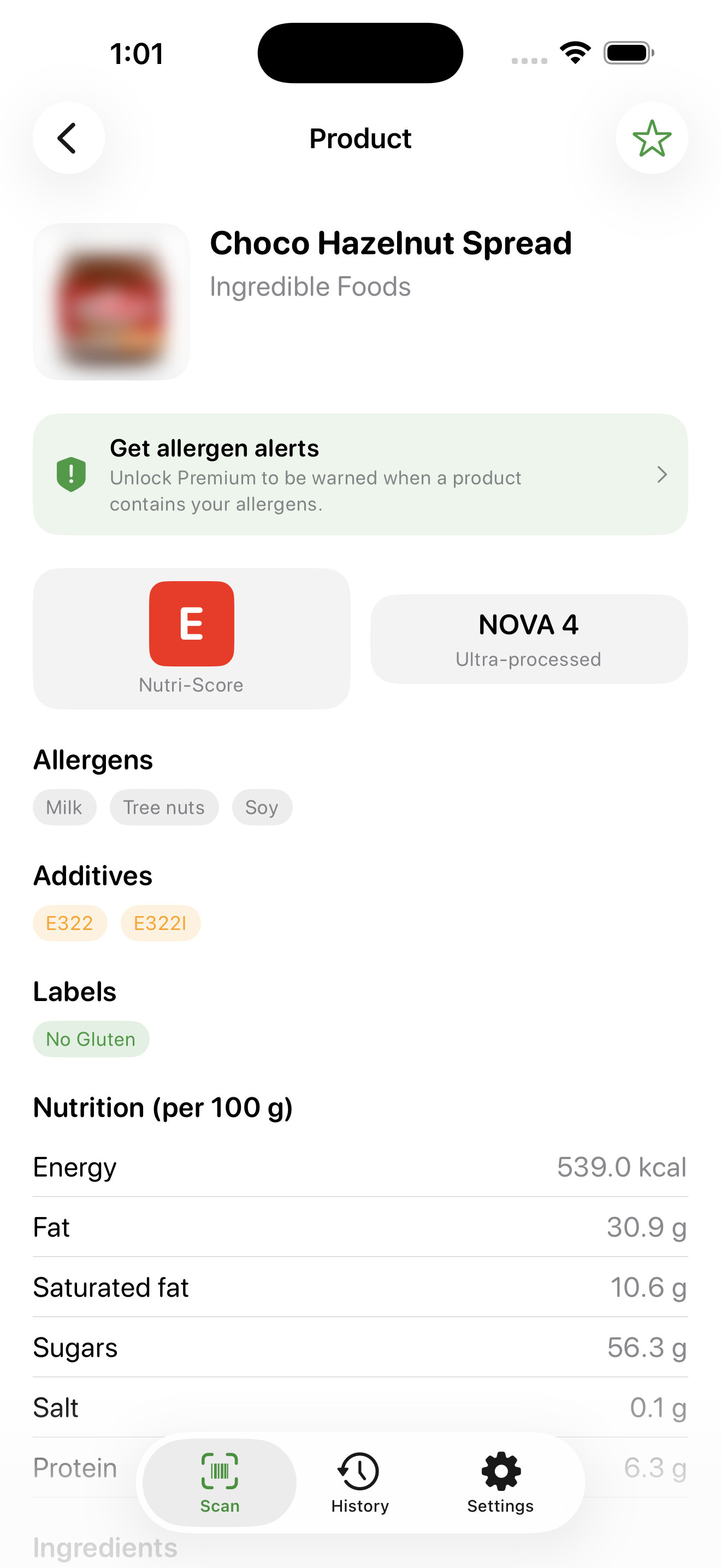 Ingredible — a product's ingredients, Nutri-Score and allergen alert